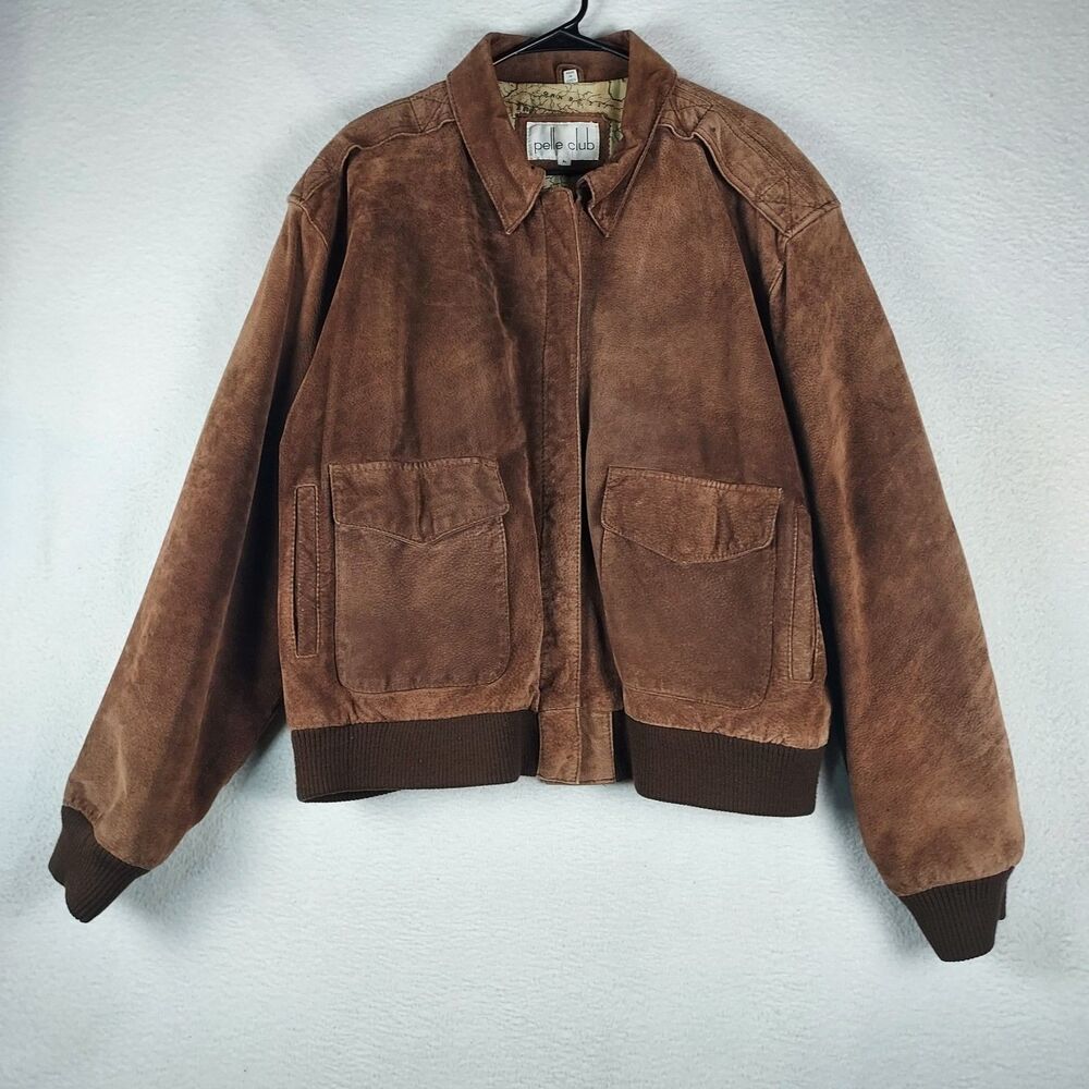 Pelle Club Mens Suede Bomber Jacket Brown Ribbed Knit Trim Size Large